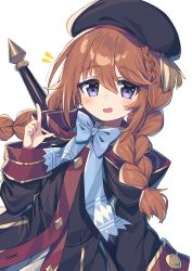 Rule 34 | 1girl, beret, black coat, black hat, blue bow, blush, bow, bowtie, braid, brown hair, coat, commission, hair between eyes, hat, highres, hood, hood down, hooded coat, index finger raised, long hair, looking at viewer, open mouth, princess connect!, purple eyes, side braid, simple background, skeb commission, smile, solo, twin braids, upper body, wagashi928, white background, yuni (princess connect!)