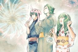 Rule 34 | 1girl, 2boys, alternate costume, animal hat, bag, blue hakama, byleth (fire emblem), byleth (male) (fire emblem), closed eyes, closed mouth, crossed arms, dokkirium, dress, drill hair, facial hair, family, father and daughter, fire emblem, fire emblem: three houses, fireworks, fish, flayn (fire emblem), green eyes, green hair, green hakama, hair ornament, hakama, hakama skirt, hand up, hat, holding, holding bag, japanese clothes, kimono, long hair, matching hair/eyes, multiple boys, nintendo, open mouth, rabbit hat, sash, seteth (fire emblem), short hair, skirt, smile, stubble, white kimono, wide sleeves