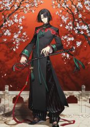 Rule 34 | 1boy, black hair, chinese clothes, closed eyes, fate/grand order, fate (series), fishing rod, itefu, medium hair, official art, ponytail, puffy pants, red background, smile, tai gong wang (fate)