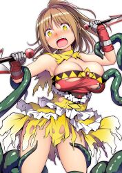 Rule 34 | 1girl, absurdres, bare shoulders, blush, breasts, brown hair, capelet, dual wielding, gauntlets, highres, holding, holding weapon, kuromayu, large breasts, long hair, open mouth, original, ponytail, simple background, tears, tentacles, tentacles under clothes, torn clothes, weapon, white background, yellow capelet, yellow eyes