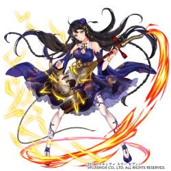 Rule 34 | 1girl, 23/7, ahoge, bangle, bare shoulders, black hair, blue dress, blue footwear, bracelet, braid, breasts, bun cover, copyright name, detached sleeves, double bun, dress, earrings, electricity, fire, floral print, full body, green eyes, hair bun, instrument, instrument request, jewelry, long hair, looking at viewer, official art, pantyhose, rua (k-tie), solo, standing, twin braids, very long hair, watermark, white background, white pantyhose, wide sleeves