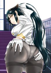 Rule 34 | 1girl, animal ears, annoyed, ass, ass grab, atchy, azur lane, black hair, blurry, blush, bow, breasts, cameltoe, clothes lift, cowboy shot, deep skin, depth of field, from behind, from below, gloves, grabbing own ass, grey pantyhose, hair bow, hair flaps, highres, huge ass, indoors, large breasts, lifted by self, long hair, looking at viewer, military, military uniform, miniskirt, panties, panties under pantyhose, pantyhose, ponytail, sideboob, skirt, solo, standing, takao (azur lane), underwear, uniform, v-shaped eyebrows, very long hair, white gloves, white skirt