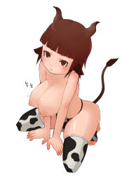 Rule 34 | animal ears, animal print, breasts, brown eyes, brown hair, cow ears, cow girl, cow print, cow tail, horns, large breasts, mousoucata, nipples, puffy nipples, short hair, solo, tail, thighhighs, topless
