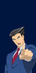 Rule 34 | 1boy, ace attorney, arm at side, black eyes, black hair, blue background, blue suit, capcom, collared shirt, deviantjam, formal, highres, long sleeves, looking at viewer, male focus, matching hair/eyes, necktie, nose, open mouth, phoenix wright, phone wallpaper, pointing, pointing at viewer, red necktie, serious, shirt, short hair, simple background, solo, spiked hair, standing, suit, teeth, tongue, upper body, wallpaper, white shirt