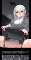 Rule 34 | 1girl, bar censor, bottomless, breasts, breath, censored, chair, collared shirt, crossed arms, highres, jacket, jjune, looking at viewer, medium breasts, on chair, open clothes, open jacket, open mouth, original, pussy, pussy peek, red eyes, shirt, sitting, solo, white hair