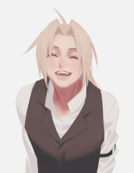 Rule 34 | 1boy, ^ ^, ahoge, arm strap, arms at sides, black vest, blonde hair, cbow, closed eyes, collared shirt, dress shirt, edward elric, facing viewer, fullmetal alchemist, hair intakes, happy, laughing, long hair, long sleeves, male focus, open mouth, parted bangs, ponytail, popped collar, shirt, simple background, solo, teeth, upper body, vest, white background, white shirt
