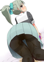 Rule 34 | 1girl, all fours, ass, bed sheet, black pantyhose, black shirt, blue bow, blue skirt, blush, bow, brown eyes, dutch angle, embarrassed, female focus, from behind, green hair, hair bow, hair ornament, half-closed eyes, kantai collection, knees together feet apart, looking at viewer, looking back, minamimachi naname, panties, panties under pantyhose, pantyhose, peeing, peeing self, pleated skirt, ponytail, pout, shirt, short sleeves, simple background, skirt, solo, tears, thighband pantyhose, underwear, upskirt, wet, wet clothes, wet panties, white background, wristband, yellow panties, yuubari (kancolle)