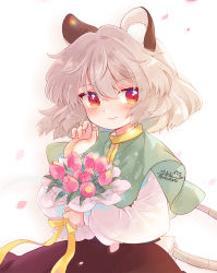 Rule 34 | 1girl, animal ear fluff, animal ears, biyon, black skirt, blush, bouquet, capelet, commentary, commission, flower, gradient eyes, green capelet, grey hair, hair between eyes, holding, holding bouquet, long sleeves, looking at viewer, mouse ears, mouse tail, multicolored eyes, nazrin, orange eyes, petals, purple eyes, ribbon, shirt, short hair, signature, skeb commission, skirt, smile, solo, tail, touhou, tulip, white shirt, yellow ribbon