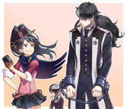 Rule 34 | 1boy, 2girls, ace attorney, ace attorney investigations, bandages, black hair, black necktie, black pants, black skirt, brown gloves, capelet, coat, cowboy shot, cuffs, gloves, green eyes, hand on own hip, kay faraday, long hair, mayuhiko3310, multicolored hair, multiple girls, necktie, pants, phoenix wright: ace attorney - dual destinies, phoenix wright: ace attorney - trials and tribulations, pink shirt, ponytail, shackles, shirt, simon blackquill, skirt, smile, two-tone hair, viola cadaverini, white hair