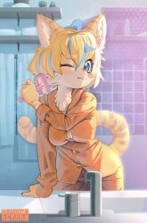 Rule 34 | 1girl, :&gt;, absurdres, ahoge, animal ear fluff, animal ears, animal nose, arm support, artist name, bathroom, blonde hair, blue eyes, blue hair, blush, blush stickers, body fur, breasts, brushing hair, buttons, cat ears, cat girl, cat tail, chromatic aberration, cleavage, closed mouth, commission, cowboy shot, faucet, female focus, furry, furry female, hair between eyes, hair brush, hand up, highres, holding, holding hair brush, kemari (kemono mario), leaning forward, long sleeves, medium breasts, multicolored fur, multicolored hair, one eye closed, orange fur, orange pants, orange pantyhose, orange shirt, original, pants, pantyhose, shelf, shirt, short hair, sidelocks, signature, sink, skeb commission, solo, standing, streaked hair, striped fur, striped tail, tail, tile wall, tiles, towel, two-tone hair, white fur, yellow fur