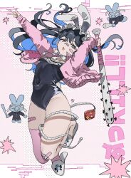 Rule 34 | 1girl, 2others, animal ears, animal slippers, arms up, asymmetrical legwear, bandaid, bandaid on face, bandaid on knee, bandaid on leg, bandaid on nose, baseball bat, black hair, blue eyes, blue hair, blue one-piece swimsuit, bousouzoku, bunny slippers, colored inner hair, covered navel, delinquent, fake animal ears, fake tail, frilled hairband, frills, hairband, highres, holding, holding baseball bat, holding weapon, inu totemo, jacket, jumping, multicolored hair, multiple others, nail, nail bat, neck ribbon, one-piece swimsuit, original, pink background, pink jacket, pink thighhighs, polka dot, polka dot background, rabbit tail, ribbon, school swimsuit, school uniform, single blush sticker, single thighhigh, slippers, swimsuit, tail, tape measure, thighhighs, v, weapon, white footwear