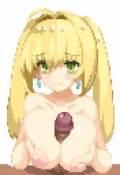 Rule 34 | 10s, 1boy, 1girl, animated, animated gif, blonde hair, blush, breasts, collarbone, cum, cum on body, cum on breasts, cum on upper body, earrings, ejaculation, erection, closed eyes, facial, fate/extra, fate/grand order, fate (series), green eyes, hetero, huge breasts, jewelry, kunabishi, looking at viewer, lowres, nero claudius (fate), nero claudius (fate) (all), nero claudius (fate/extra), nero claudius (swimsuit caster) (fate), nipples, paizuri, penis, pixel art, red background, tongue, tongue out, topless, twintails, ugoira, uncensored, upper body