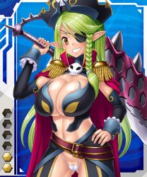 Rule 34 | 00s, 1girl, amagi michihito, breasts, card (blue-r), card (medium), card (r), eyepatch, female focus, gradient background, green hair, julia swallow, large breasts, lilith-soft, pirate, solo, sword, taimanin (series), taimanin asagi, taimanin asagi battle arena all card gallery, taimanin asagi kessen arena, weapon