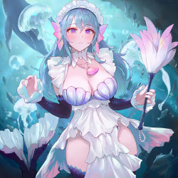 Rule 34 | 1girl, absurdres, apron, aqua hair, breasts, bubble, chowbie, cleavage, commentary, duster, english commentary, feather duster, fins, fish, fish tail, frills, head fins, highres, jellyfish, jewelry, long hair, maid, maid apron, maid headdress, medium breasts, mermaid, monster girl, necklace, original, pink eyes, scales, shell, shell bikini, shell necklace, tail, underwater, whale