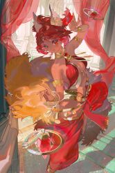Rule 34 | 1girl, absurdres, afk journey, animal ears, arabian clothes, armlet, bare shoulders, bedlah, bracelet, breasts, circlet, cleavage, dancer, detached pants, fox ears, fox girl, fox tail, gold bracelet, gold circlet, highres, jewelry, medium breasts, multiple tails, navel, satrana (afk journey), solo, stomach tattoo, tail, taro-k, tattoo