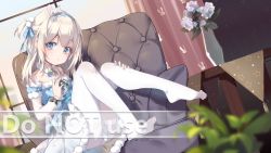 Rule 34 | 1girl, armchair, blue bow, blue eyes, blue hairband, blue shirt, blue sleeves, blurry, blurry foreground, bow, chair, closed mouth, commentary request, cosplay, depth of field, detached sleeves, english text, flower, fur-trimmed shirt, fur-trimmed skirt, fur-trimmed sleeves, fur trim, girls&#039; frontline, hair bow, hair ornament, hairband, highres, indoors, layered sleeves, light brown hair, long sleeves, looking at viewer, mo (pixiv9929995), no shoes, on chair, one side up, original, pantyhose, puffy short sleeves, puffy sleeves, see-through, see-through sleeves, shirt, short over long sleeves, short sleeves, skirt, snowflake hair ornament, solo, suomi (girls&#039; frontline), suomi (girls&#039; frontline) (cosplay), watermark, white flower, white pantyhose, white skirt, window