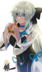 Rule 34 | 2girls, akio (akio1124), artoria pendragon (all), artoria pendragon (fate), black camisole, black dress, black jacket, black ribbon, blue eyes, blush, boots, braid, breasts, burger, camisole, cleavage, dress, eating, excalibur morgan (fate), fate/grand order, fate (series), food, french braid, highres, holding, holding food, jacket, jewelry, knee boots, long hair, low ponytail, medium breasts, morgan le fay (fate), multiple girls, necklace, official alternate costume, platinum blonde hair, ponytail, ribbon, royal brand, saber (fate), saber alter, saber alter (ver. shinjuku 1999) (fate), shirt, shorts, siblings, sisters, sleeveless, sleeveless shirt