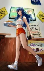 Rule 34 | 1girl, absurdres, alternate costume, bare shoulders, blue eyes, blue hair, commentary, contemporary, crop top, english commentary, english text, fire emblem, fire emblem awakening, flat chest, food, grin, hair between eyes, highres, holding, holding tray, hooters, indoors, long hair, looking at viewer, lucina (fire emblem), midriff, navel, nintendo, orange shorts, shirt, shoes, shorts, sleeveless, sleeveless shirt, smile, sneakers, socks, solo, table, tamafry, television, tiara, tray, uniform, waitress, white footwear, white shirt, white socks, wooden floor