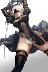 Rule 34 | 1girl, black blindfold, black dress, black hairband, blindfold, breasts, cleavage, cleavage cutout, clothing cutout, crying, dress, from below, gradient background, hairband, highres, legs, leotard, leotard under clothes, medium breasts, mole, mole under mouth, nier (series), nier:automata, short hair, solo, square enix, streaming tears, sword, tears, thighhighs, upskirt, view between legs, weapon, white hair, white leotard, 2b (nier:automata), zyunya