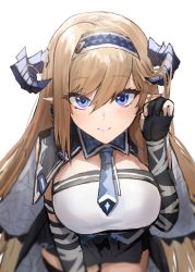 Rule 34 | 1girl, arknights, black gloves, black skirt, blonde hair, blue eyes, blue hairband, blue necktie, blush, breasts, closed mouth, cowboy shot, dragon horns, earrings, elbow gloves, gloves, hair between eyes, tucking hair, hairband, highres, horn/wood, horns, jewelry, large breasts, leaning forward, long hair, looking at viewer, miniskirt, necktie, partially fingerless gloves, pointy ears, saileach (arknights), shirt, simple background, skirt, smile, solo, very long hair, white background, white shirt