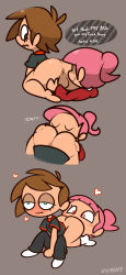 Rule 34 | 1boy, 1girl, all fours, anilingus, animal crossing, anus, ass, ass grab, blush, blush stickers, bottomless, boy on top, brown hair, closed eyes, eyelashes, femdom, green eyes, grey background, half-closed eyes, happy sex, heart, hetero, highres, huge ass, nintendo, pink eyes, pink hair, ponytail, sequential, shirt, sitting, sitting on face, sitting on person, smelling, spread ass, testicles, third-party edit, uncensored, vest, vilepluff, villager (animal crossing), wavy mouth