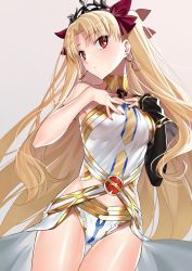 Rule 34 | 1girl, bare shoulders, black nails, blonde hair, blush, bow, commentary, cosplay, cowboy shot, detached sleeves, earrings, ereshkigal (fate), fate/grand order, fate (series), gold trim, hair bow, hands on own chest, ishtar (fate), ishtar (fate) (cosplay), jewelry, leotard, long hair, long sleeves, looking at viewer, nail polish, parted bangs, red bow, red eyes, single sleeve, tiara, two side up, very long hair, white leotard, yaoshi jun