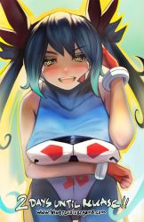 Rule 34 | 1girl, @ @, adjusting hair, blue hair, blue revolver, blush, bodysuit, bow, breast hold, breasts, comic-z, countdown, gloves, hair bow, headgear, ira (blue revolver), long hair, looking at viewer, official art, open mouth, outline, promotional art, red gloves, sleeveless, smile, solo, twintails, very long hair, yellow eyes