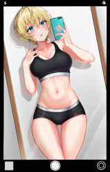 Rule 34 | 1girl, absurdres, ahoge, bare arms, bare shoulders, black panties, blonde hair, blue eyes, breasts, cleavage, collarbone, commentary request, gluteal fold, hands up, highres, holding, large breasts, looking at viewer, midriff, mirror, navel, open mouth, original, panties, phone, rama (yu-light8), reflection, selfie, shadow, short hair, solo, sports bra, stomach, thigh gap, thighs, underwear