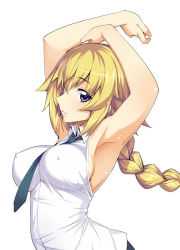 Rule 34 | 1girl, armpits, arms up, blonde hair, braid, breasts, casual, covered erect nipples, fate/apocrypha, fate (series), female focus, impossible clothes, impossible shirt, jeanne d&#039;arc (fate), jeanne d&#039;arc (girl from orleans) (fate), jeanne d&#039;arc (ruler) (fate), large breasts, long hair, looking at viewer, namonashi, necktie, purple eyes, shirt, sideboob, solo, white background