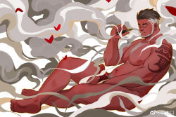 Rule 34 | 1boy, arm tattoo, bad id, bad weibo id, bara, belly, colored skin, completely nude, convenient censoring, crossed legs, erection, eyebrow cut, hair slicked back, highres, holding, holding smoking pipe, large pectorals, male focus, male pubic hair, mature male, multicolored hair, muscular, muscular male, navel, navel hair, nipples, nude, original, pectorals, penis, pubic hair, red skin, sanbei (7244333616), short hair, smile, smoke, smoking, smoking pipe, solo, stomach, tattoo, thick thighs, thighs, two-tone hair, yellow eyes