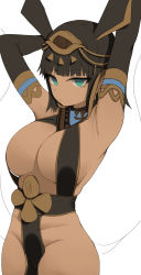 Rule 34 | 1girl, absurdres, animal ears, aqua eyes, armpits, arms up, black gloves, black hair, blunt bangs, breasts, cleavage, commission, cowboy shot, dark-skinned female, dark skin, egyptian clothes, egyptian mythology, elbow gloves, gloves, hair ornament, highres, large breasts, no panties, original, pelvic curtain, revealing clothes, second-party source, set (mythology), set (romana), solo, tonki, unfinished