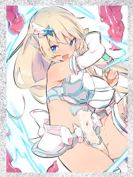 Rule 34 | 1girl, :o, back bow, blonde hair, blue eyes, bow, breasts, caburi, cameltoe, cleft of venus, covered navel, cowboy shot, detached sleeves, furrowed brow, hair ornament, highres, impossible clothes, impossible leotard, large breasts, leotard, long hair, magical girl, open mouth, original, solo, star (symbol), star hair ornament, tentacles, white bow, white leotard, white sleeves
