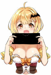 Rule 34 | 1girl, :d, ahoge, bar censor, bat hair ornament, bite mark, blonde hair, blush, bow, breasts, brown eyes, censored, chemise, choker, cleavage, commentary, cropped torso, detached sleeves, english commentary, fang, frills, front slit, hair ornament, hands up, hexagram, highres, holding, hololive, medium breasts, open mouth, orange bow, revealing clothes, short hair, short sleeves, simple background, smile, solo, star of david, strapless, underbust, unname, upper body, vampire, virtual youtuber, white background, yellow sleeves, yozora mel, yozora mel (1st costume)