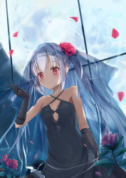 Rule 34 | 1girl, azur lane, bare shoulders, black dress, black gloves, blush, closed mouth, commentary request, criss-cross halter, dress, elbow gloves, flower, full moon, gloves, halterneck, hanagin, hand up, holding, holding jewelry, holding ring, jewelry, long hair, moon, petals, red eyes, red flower, red rose, ring, rose, see-through, silver hair, solo, twintails, vampire (azur lane), vampire (eloi&#039;s blessing) (azur lane), veil, very long hair