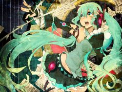 Rule 34 | 1girl, amatsuki colors, detached sleeves, fingerless gloves, gloves, green eyes, green hair, groin, hatsune miku, headset, long hair, matching hair/eyes, navel, open mouth, outstretched arm, paper, sheet music, skirt, solo, twintails, very long hair, vocaloid