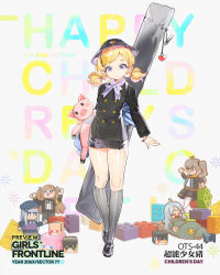 Rule 34 | 1girl, aged down, black footwear, black jacket, black shorts, blonde hair, blue eyes, blush, bracelet, buttons, character name, double-breasted, flat chest, full body, girls&#039; frontline, grey socks, hat, head tilt, holding, holding stuffed toy, jacket, jewelry, kneehighs, looking at viewer, low twintails, mary janes, medium hair, official alternate costume, open mouth, ots-44 (girls&#039; frontline), ots-44 (super piggy) (girls&#039; frontline), rosele, shiny skin, shoes, short eyebrows, short shorts, shorts, socks, solo, stuffed animal, stuffed pig, stuffed toy, tareme, twintails, weapon bag