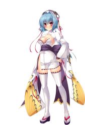 Rule 34 | 1girl, absurdres, blue hair, blush, breasts, chouun, cleavage, full body, geta, hand on own hip, hat, highres, japanese clothes, katagiri hinata, koihime musou, large breasts, looking at viewer, obi, purple eyes, ribbon, sandals, sash, short hair, smile, solo, standing, thighhighs, transparent background, white thighhighs, wide sleeves, zettai ryouiki