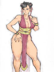 Rule 34 | 1990s (style), 1girl, alternate costume, bare shoulders, braid, breasts, capcom, china dress, chinese clothes, chun-li, dress, female focus, kyuraa (kyura9een), nipples, retro artstyle, short hair, simple background, solo, street fighter, street fighter ii (series), street fighter iv (series), thick thighs, thighs