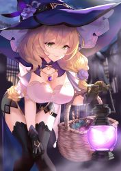 Rule 34 | 1girl, absurdres, black gloves, blonde hair, breasts, candy, cleavage, flower, food, genshin impact, gloves, green eyes, hair between eyes, hair flower, hair ornament, hat, hat flower, highres, jewelry, kanashi kumo, lantern, large breasts, leaning forward, lisa (genshin impact), long hair, necklace, night, purple flower, purple rose, rose, smile, solo, thighhighs, thighs, wicker basket, witch hat, yellow flower, yellow rose