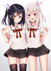 Rule 34 | 2girls, :d, black hair, black legwear, black skirt, blush, bow, breasts, brown eyes, collarbone, commentary request, cowboy shot, fate/kaleid liner prisma illya, fate (series), female focus, hair ornament, hairclip, hand on another&#039;s hip, hand up, highres, homurahara academy school uniform, illyasviel von einzbern, long hair, looking at viewer, medium breasts, miniskirt, miyu edelfelt, multiple girls, one side up, open mouth, pleated skirt, puririn, red eyes, red ribbon, ribbon, school uniform, shirt, short sleeves, side-by-side, sidelocks, simple background, skirt, smile, striped, teeth, thighhighs, upper teeth only, white shirt, zettai ryouiki