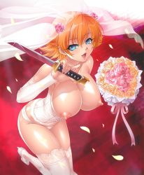 Rule 34 | 00s, 1girl, blonde hair, blue eyes, blush, bouquet, bow, bow panties, breasts, bridal gauntlets, bridal veil, bride, choker, corset, dress, female focus, flower, from above, hair flower, hair ornament, highres, igawa sakura, kagami hirotaka, knife, lace, lace-trimmed legwear, lace trim, large breasts, lingerie, looking at viewer, naughty face, nipples, open mouth, panties, petals, pink bow, pink flower, pink rose, rose, shiny skin, shoes, short hair, smile, solo, sword, tagme, taimanin (series), taimanin asagi, taimanin asagi kessen arena, thighhighs, thong, topless, underbust, underwear, underwear only, veil, wakizashi, weapon, white choker, white footwear, white panties, white thighhighs, wooden floor, yandere, yellow flower, yellow rose