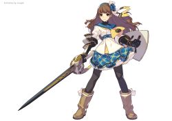 Rule 34 | 1girl, black gloves, black pantyhose, blue sailor collar, blue skirt, boots, bow, brown footwear, brown hair, closed mouth, copyright request, dress, earrings, floating hair, full body, gloves, green eyes, hair bow, hairband, highres, holding, holding shield, holding sword, holding weapon, jewelry, kotatsu (g-rough), legs apart, long hair, looking at viewer, making-of available, official art, pantyhose, sailor collar, sailor dress, shield, simple background, skirt, smile, solo, standing, sword, weapon, white background, yellow neckwear