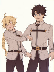 Rule 34 | 2boys, aether (genshin impact), ahoge, belt, belt buckle, black hair, blonde hair, blue eyes, blush, braid, buckle, chaldea logo, chaldea uniform, collared jacket, commentary, cosplay, costume switch, crossover, english commentary, fate/grand order, fate (series), fujimaru ritsuka (male), fujimaru ritsuka (male) (cosplay), genshin impact, hair between eyes, highres, jacket, kulissara-aung, long hair, long sleeves, male focus, multiple boys, open mouth, short hair, simple background, single braid, teeth, uniform, white background, white jacket, yellow eyes