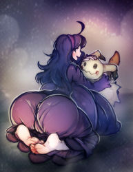Rule 34 | 1girl, ahoge, ass, barefoot, bent over, breasts, cameltoe, creatures (company), dress, from behind, game freak, gen 7 pokemon, gigantic breasts, hairband, hex maniac (pokemon), huge ass, kneeling, long dress, long hair, mimikyu, nintendo, open mouth, pokemon, pokemon (creature), pokemon xy, purple dress, purple eyes, purple hair, pwcsponson, smile, soles