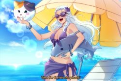 Rule 34 | 1girl, absurdres, armlet, bikini, blue bikini, bracelet, breasts, cleavage, commentary, covered eyes, cowboy shot, day, english commentary, english text, fat cat (ff14), final fantasy, final fantasy xiv, flower, front-tie bikini top, front-tie top, grey hair, hair flower, hair ornament, half updo, halterneck, highres, inflatable cat, inflatable shark, inflatable toy, jewelry, large breasts, long hair, navel, open mouth, outdoors, parasol, pixie (pixieinktvis), sarong, solo, sunglasses, swimsuit, umbrella, venat (ff14)