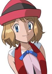 Rule 34 | 1girl, bare arms, blonde hair, blue eyes, blue ribbon, closed mouth, collarbone, commentary, creatures (company), eyelashes, game freak, hat, highres, ia (ilwmael9), looking at viewer, medium hair, neck ribbon, nintendo, pink hat, pokemon, pokemon (anime), pokemon xy (anime), ribbon, serena (pokemon), simple background, smile, solo, upper body, white background