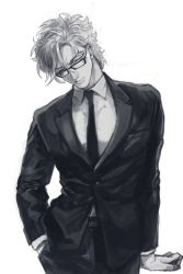 Rule 34 | 1boy, alternate costume, bad id, bad pixiv id, bespectacled, blue theme, bouquet, breast pocket, caesar anthonio zeppeli, collared shirt, contemporary, facial mark, flower, formal, glasses, greyscale, highres, jojo no kimyou na bouken, macaroni (piyo4508), male focus, monochrome, piyo4508, pocket, shirt, simple background, solo, suit, white background