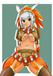 Rule 34 | 1girl, arm support, armor, arms behind back, belt, belt skirt, blunt bangs, bob cut, breasts, brown panties, brown thighhighs, capcom, crop top, elbow gloves, fangs, feathers, gloves, green eyes, hat, headdress, hypnocatrice (armor), large breasts, leather, looking at viewer, midriff, monster hunter (series), naughty face, navel, no bra, open clothes, open shirt, panties, reclining, shadow, shiny clothes, shirt, short hair, silver hair, simple background, sitting, smile, solo, spread legs, thighhighs, underboob, underwear