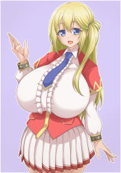 Rule 34 | 1girl, blonde hair, blue eyes, blue necktie, breasts, capelet, center frills, enome, frills, futoku no guild, hair bun, highres, huge breasts, impossible clothes, long hair, long sleeves, looking at viewer, necktie, open mouth, pleated skirt, red capelet, satsuki mogura, single side bun, skirt, solo, thighs