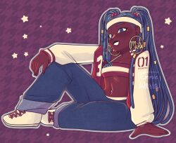 1girl absurdres american_flag american_flag_print american_miku blue_pants blush borrowed_design commentary dark-skinned_female dark_skin denim dreadlocks earrings emmiewowie english_commentary flag_print hatsune_miku headband highres hoop_earrings jacket jeans jewelry letterman_jacket midriff navel pants parted_lips purple_background red_jacket shoes smile sneakers solo star_(symbol) strapless tube_top twintails vocaloid white_footwear white_headband worldwide_miku y2k_fashion